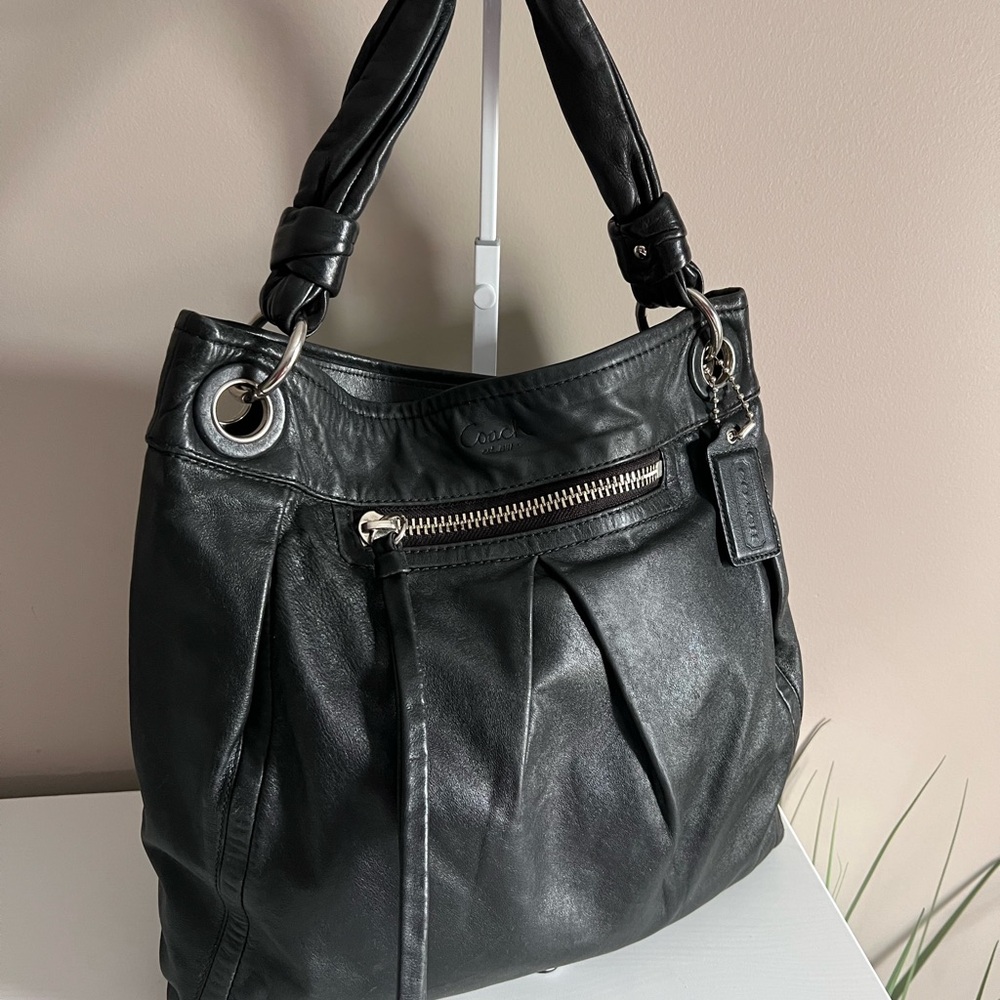 Coach Parker Hippie Black Leather Shoulder Tote with Silver Hardware